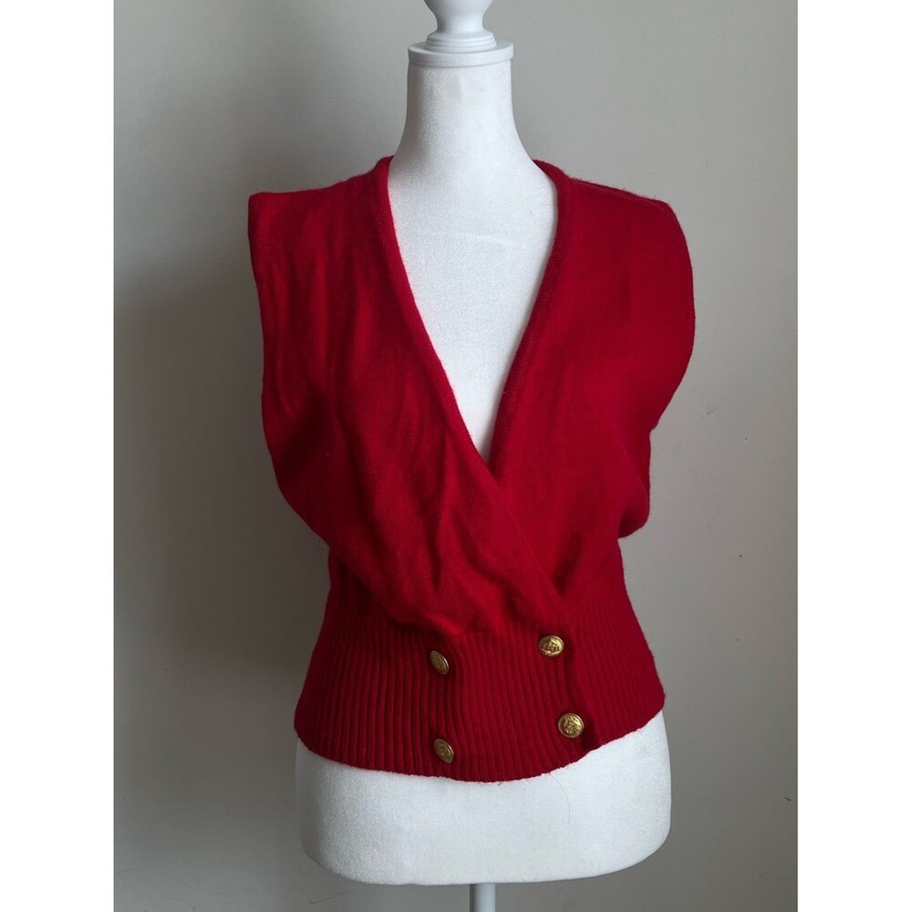 Talbots Vintage Red V-Neck Gold Double Button Wool Knit Vest Women Sz S